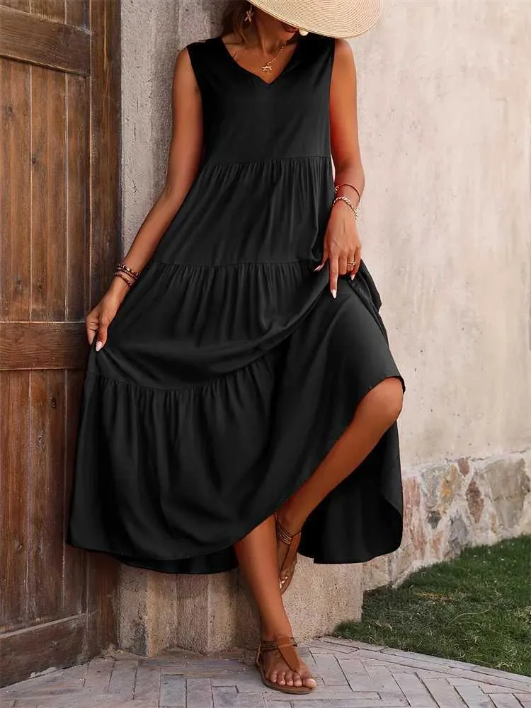 Women's V-Neck Loose Casual Summer Beach Dress - Yellow Flowy Maxi Dress  for Vacation & Holiday from Dhgate Basic & Casual Dresses - price 20.99