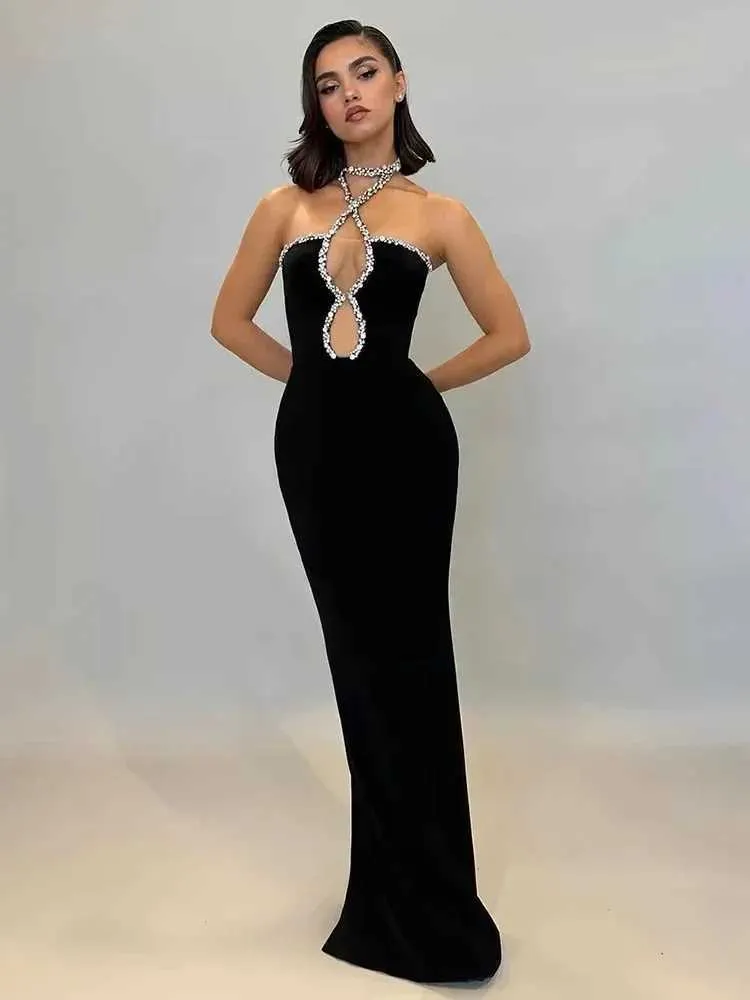 green emerald velvet dress Aviva Black Mesh Rhinestone Bandage Maxi Dress  Mara Blak