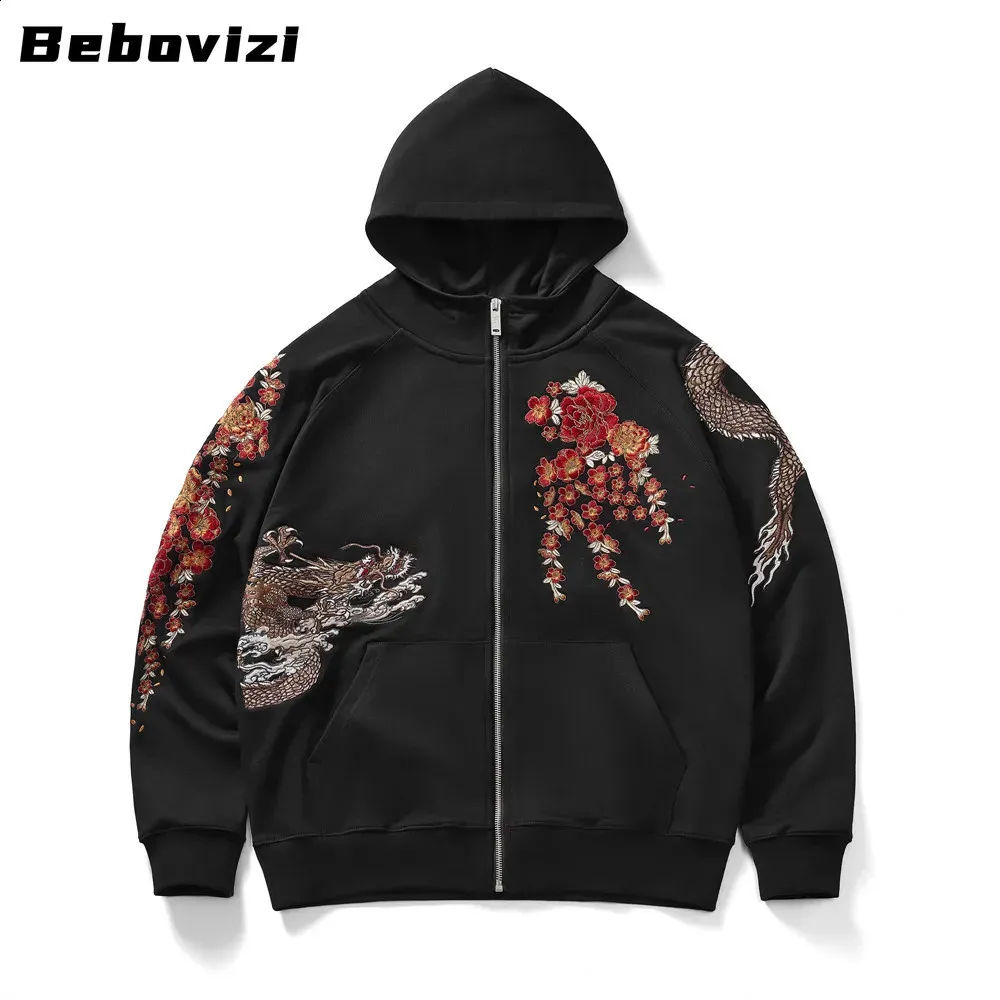High Quality Chinese Loong Embroidery Hip Hop Black Hoodie Harajuku Street Fashion Zipper Loose Sweatshirt 240907 240907 High Quality Chinese Loong Embroidery Hip Hop Black Hoodie Harajuku Street Fashion Zipper Loose Sweatshirt 240907 240907