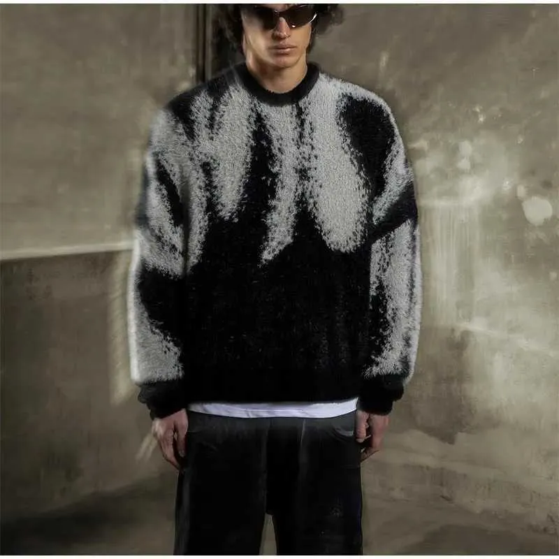 Mens Mohair Blend Contrast Sweater - Casual Oversized Knit Jumper