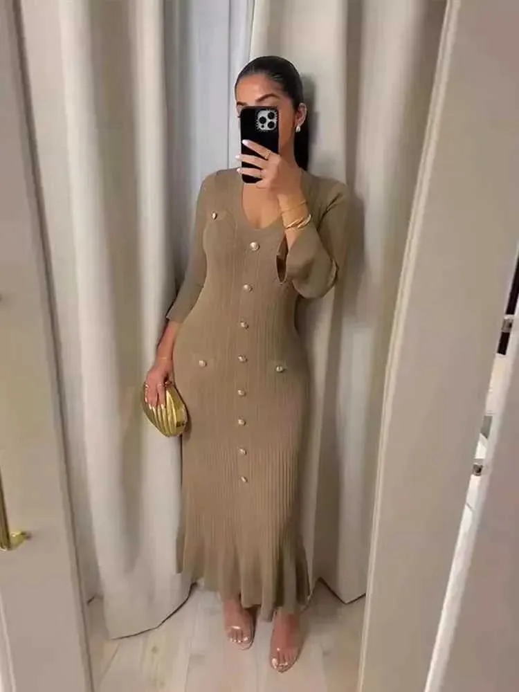 RobesX Single Breasted Slim Knitted Dress V Neck Long Sleeve Ruffle Hem  Elegant Solid Color Womens Streetwear From Tomato_lele, $10.48 In Bulk |  DHgate.Com