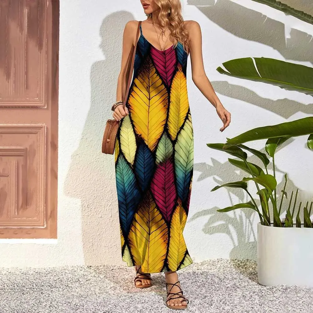 Feather 3D Print Maxi Dress for Plus Size Women - Halter Strapless Summer Party Dresses 2022 with Big Swing and Pocket
