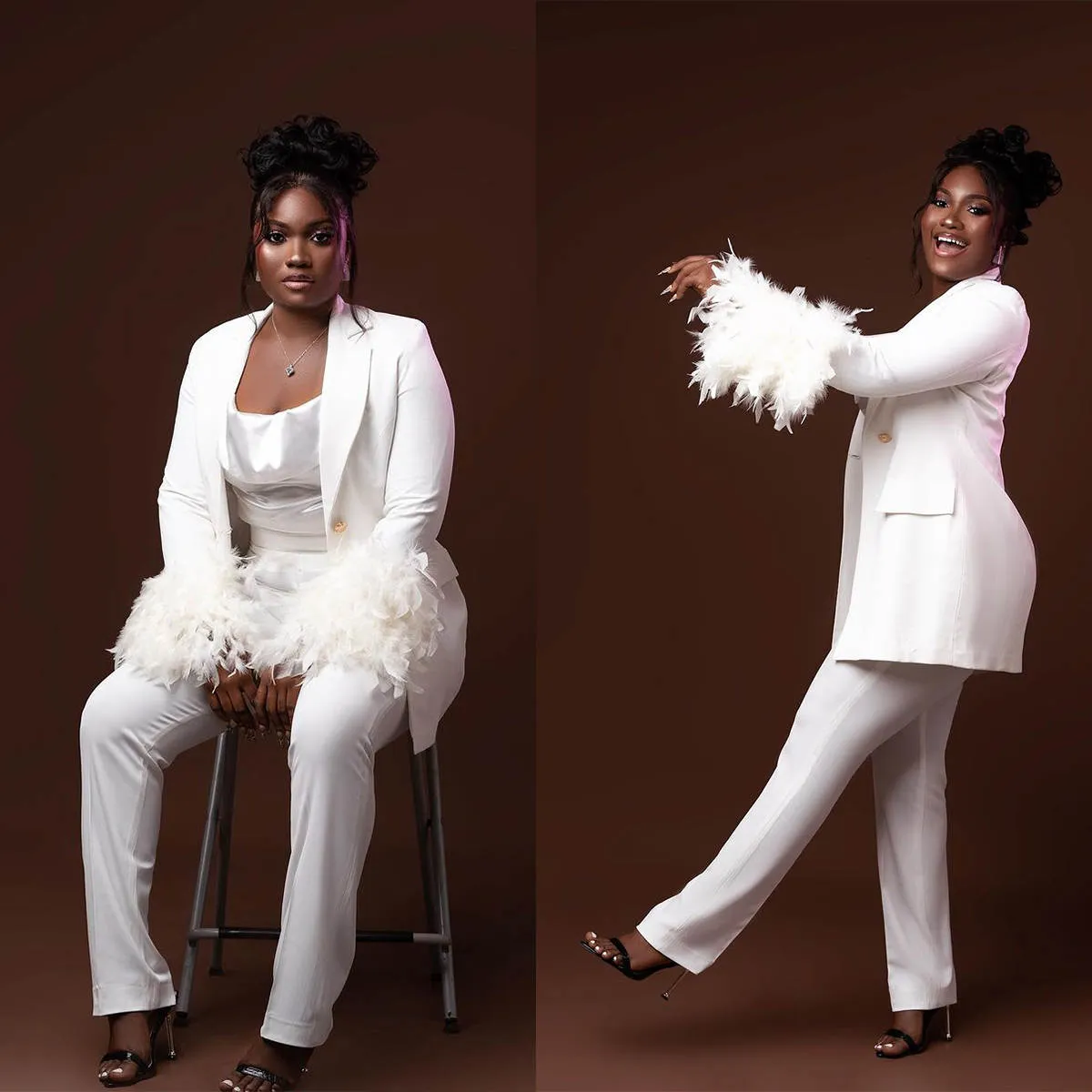 Ostrich Feather Women Wedding Suits Plus Size Celebrity Party Guest Wear Jacket Blazer Sets 2 Pieces Custom Made