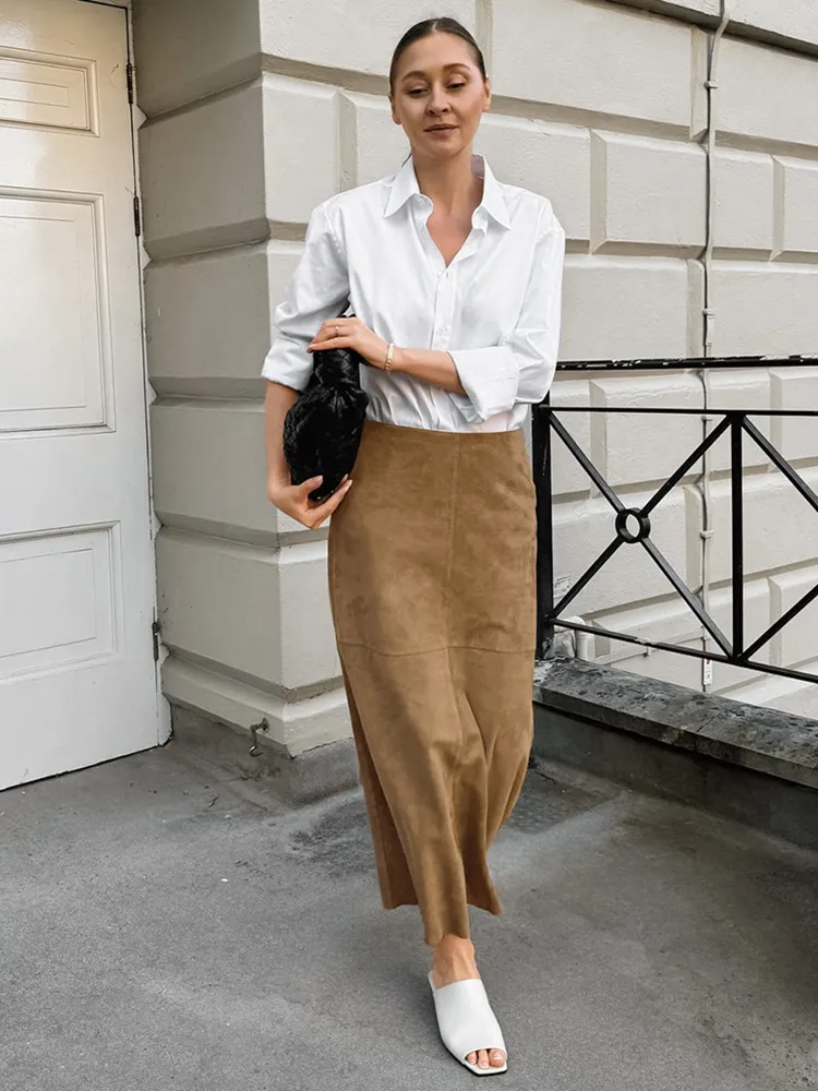 Gonna In Pelle Scamosciata Vintage Kaki Gonna Midi Da Ufficio A Vita Alta Invernale Calda Da 19 24 DHgate