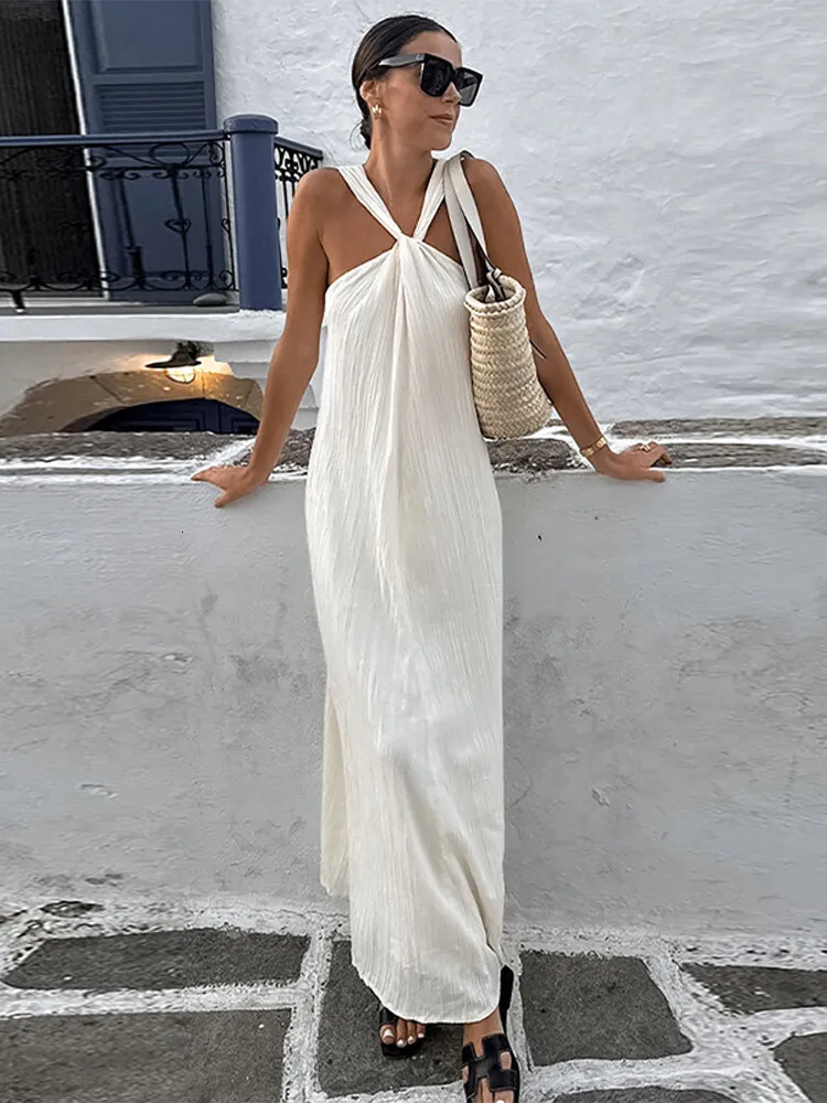 Elegant Pleated Loose Halter Long Dress for Women with Cowl Neck and  Panelled Decoration, Floor-Length Polyester Summer Dress from Dhgate Street  Style Dresses - price 29.52