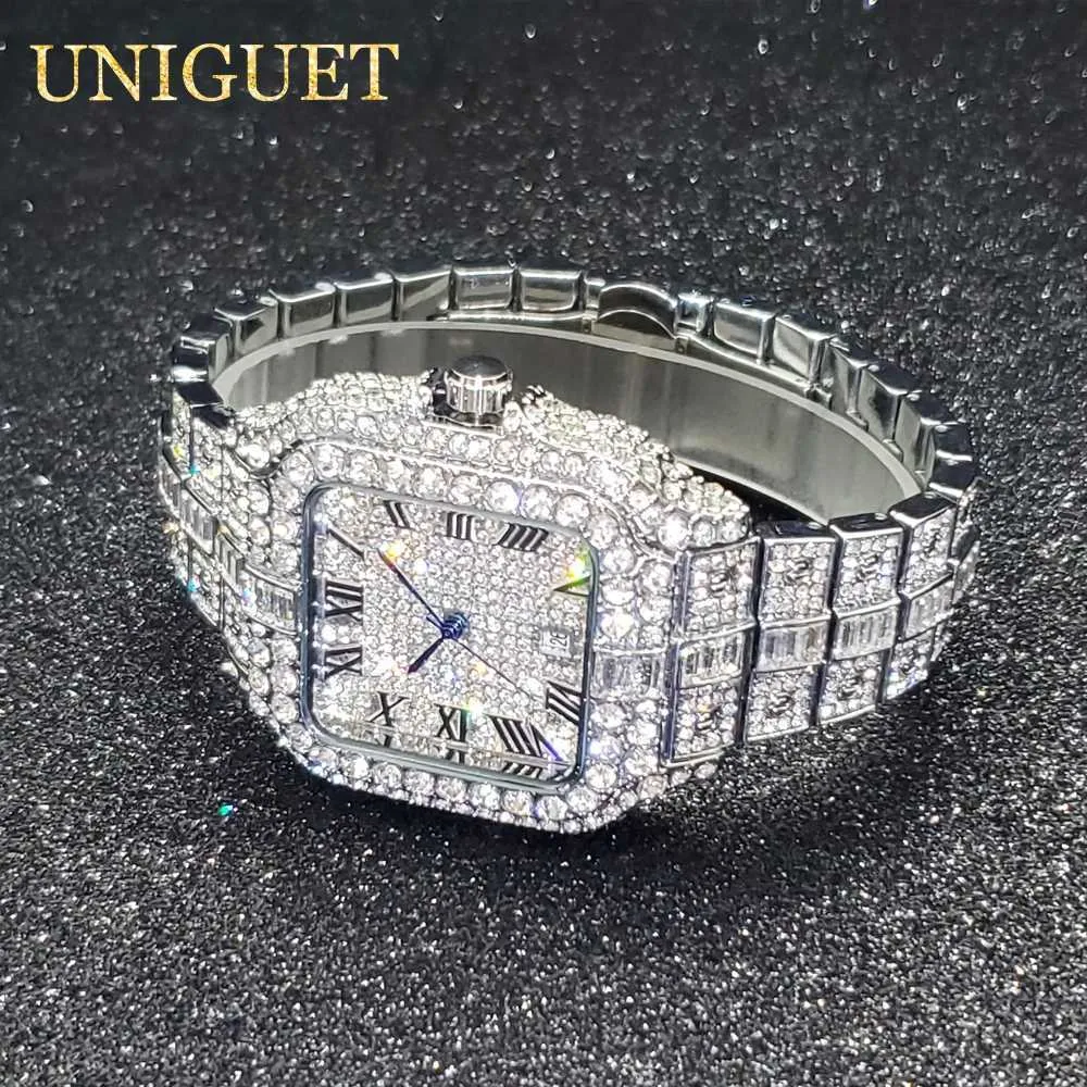 Luxury Mens Diamond Watch With Ice Zircon, Blue Dot Calendar Luxury Mens Diamond Watch With Ice Zircon, Blue Dot Calendar