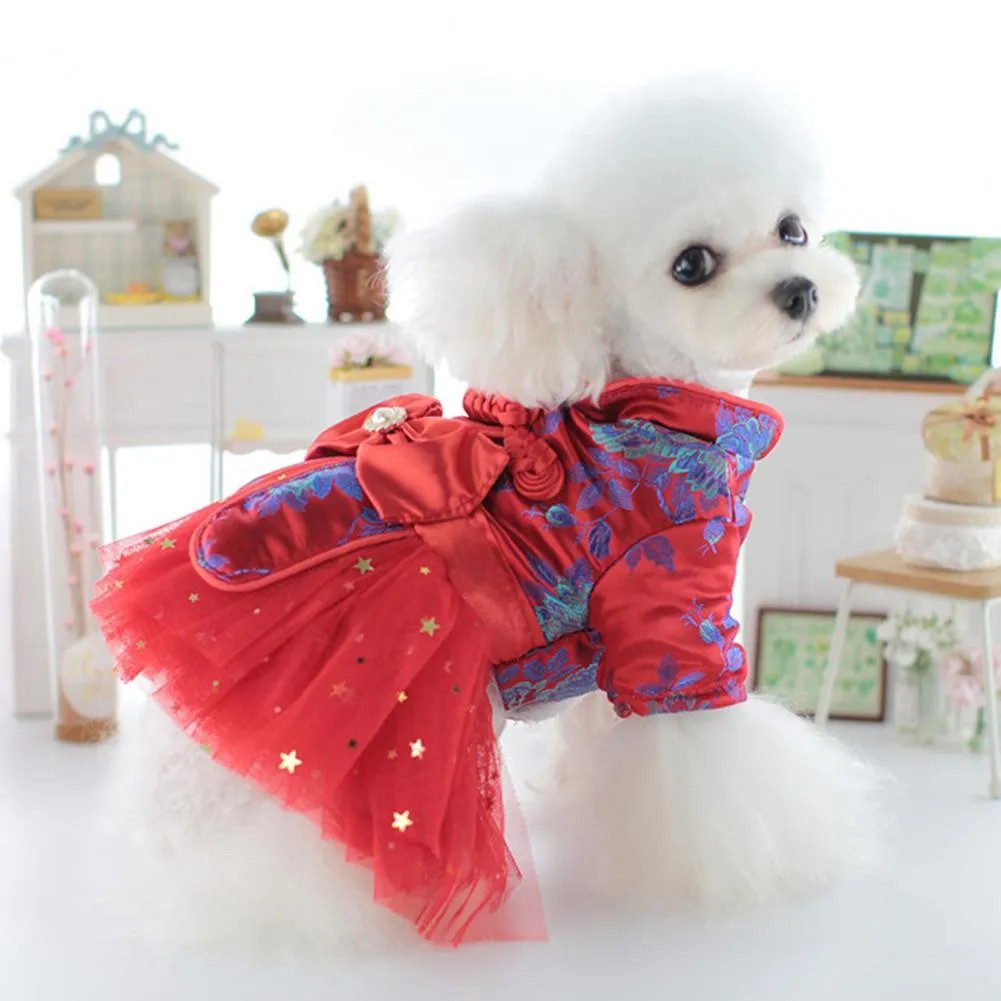 christmas dresses for little dogs Cute Bowknot Lace Trim Pet Dress main image 0