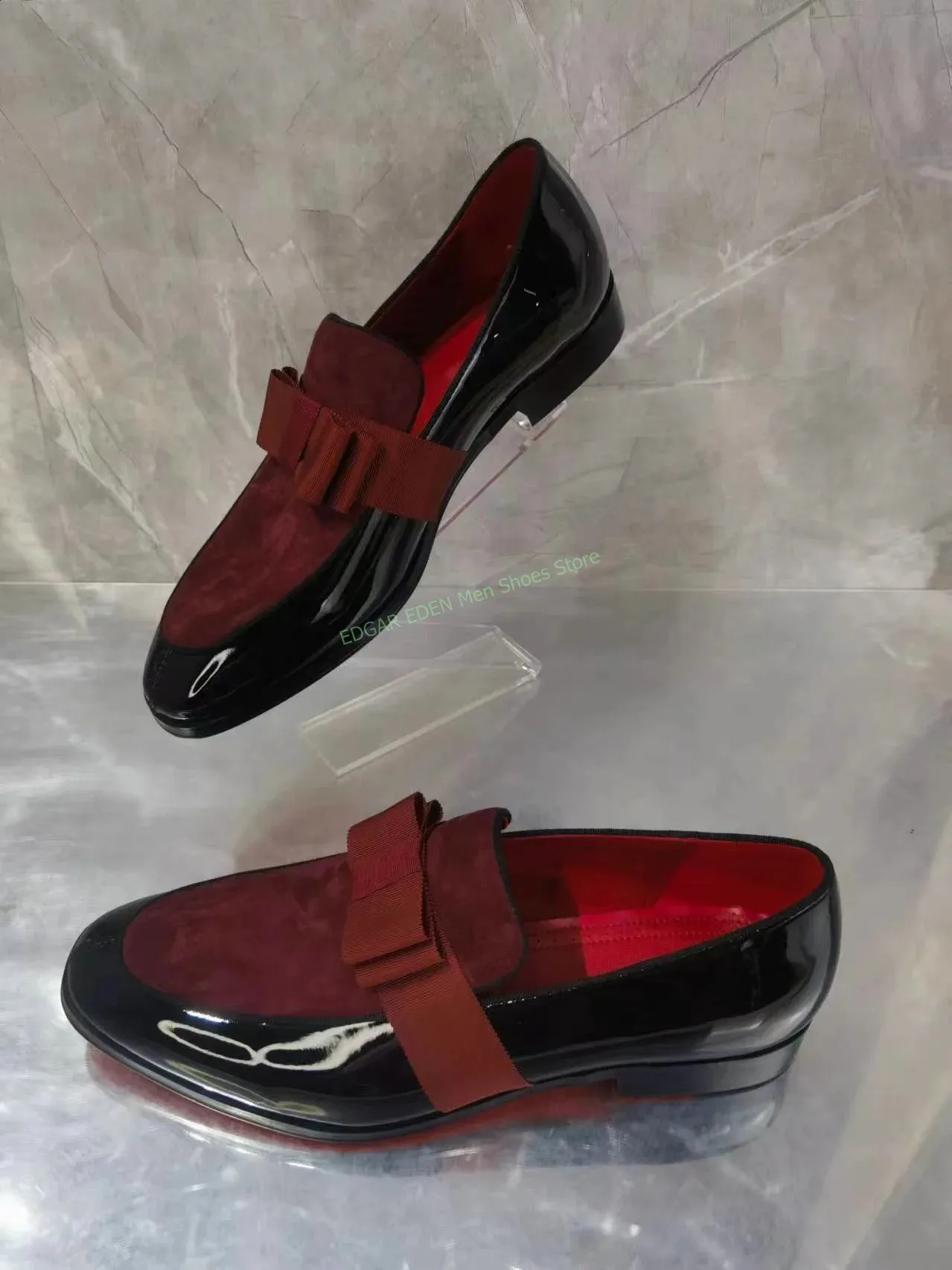 Mens Wine Red Leather Velvet Loafers - Round Toe, Slip-on 