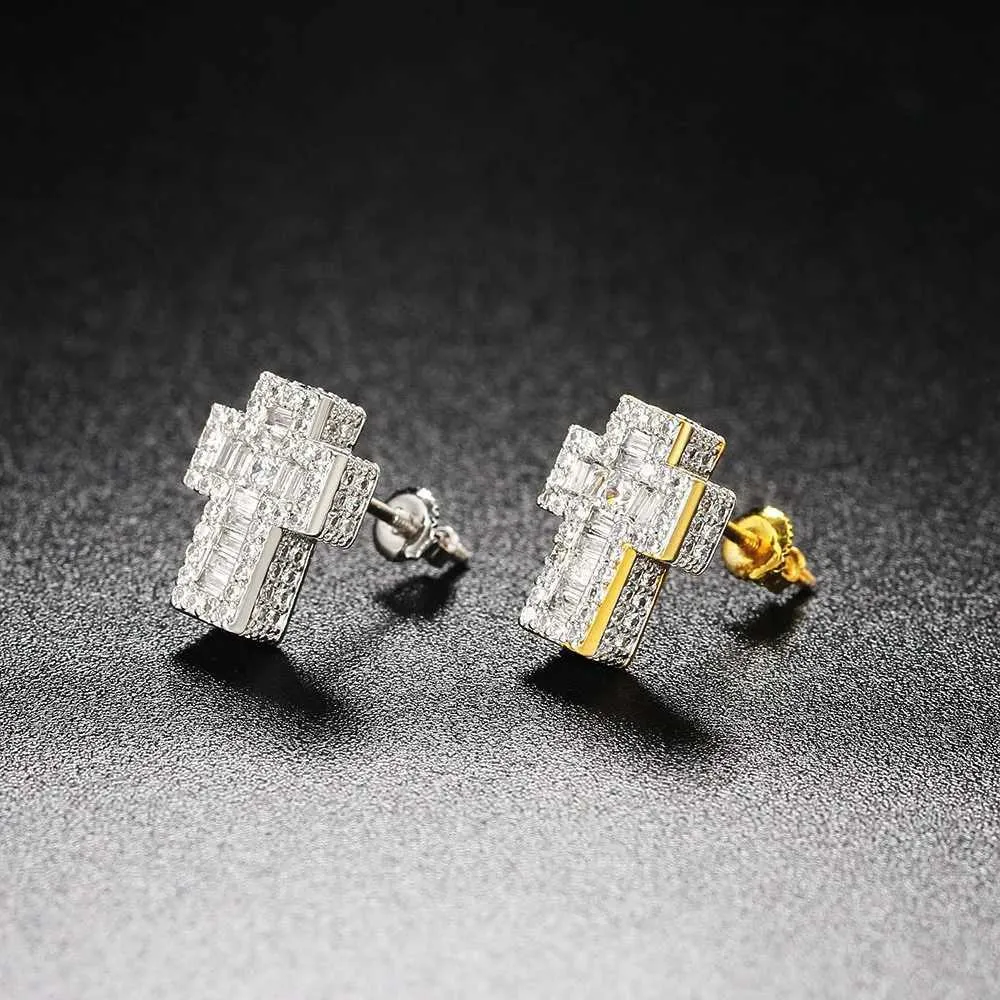 Orecchini a croce punk di lusso per uomo, con zirconi incastonati, stile hip hop, colore oro, accessori da donna, gioielli alla moda._voghion.com