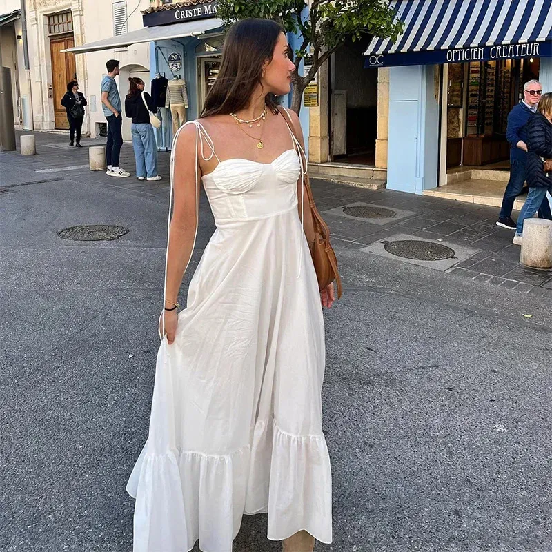 Chic Backless White Sling maxi dress for Women - Perfect for Casual, Beach, and Street Holidays