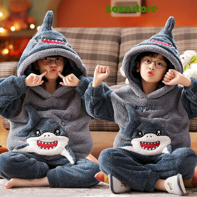 Toddler Shark Hooded Pajamas Set Warm Winter Sleepwear for Boys Girls