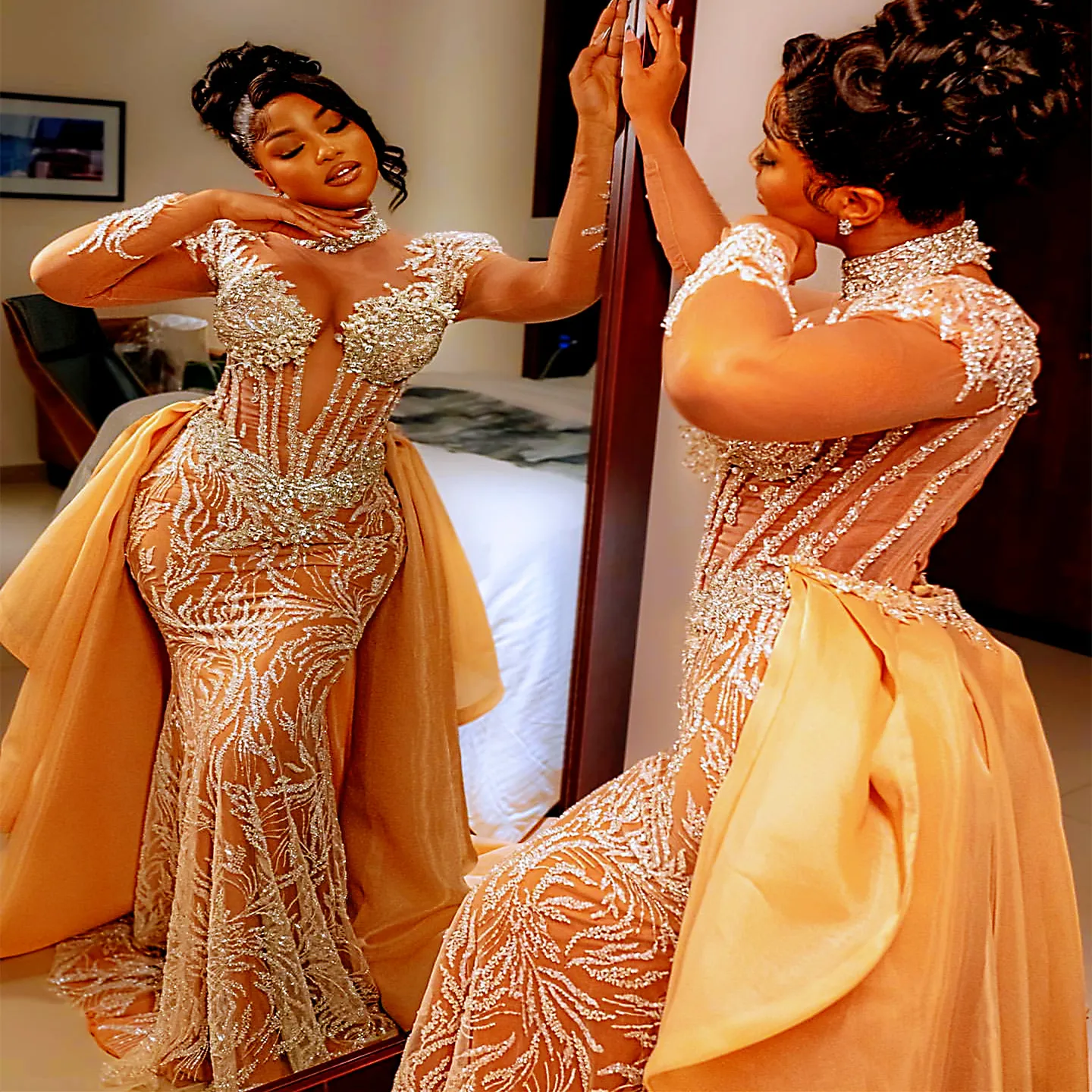 Gold Illusion Mermaid prom gowns near me with Lace,... Gold Illusion Mermaid prom gowns near me with Lace,...