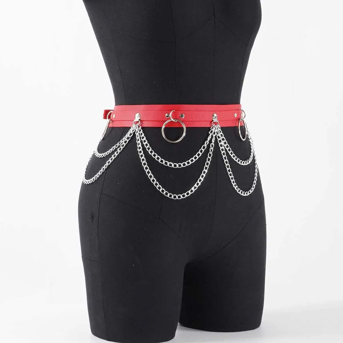 Punk Belly waist body chain black leather goth belt harness for women with strap Leather Chest Harness Punk Black & Waist Chain Set For Women  main image 2