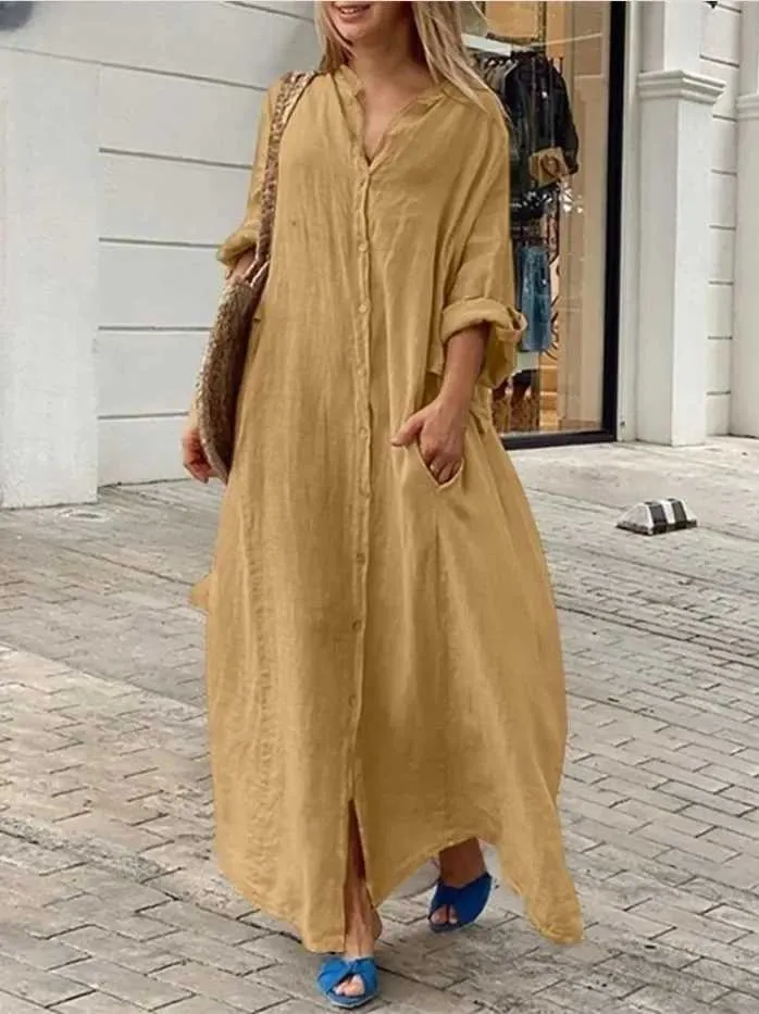 chinese dress ladies Blue Melange Loose Linen Maxi Dress from NikkaPlace main image 0