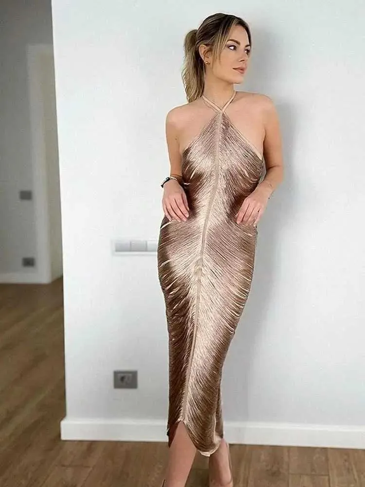 slim fit dress slacks Bluma Halterneck Fringe Mini Dress In Bronze – Mew Mews main image 1