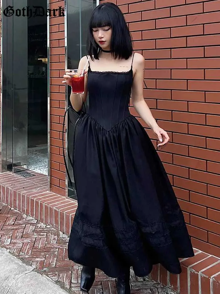 Product Title: Dark Gothic Bodycon Long Black A Line Dress with Lace-Up Detail and Sling - Elegant E-Girl Grunge Style for Black Partywear (X240912)