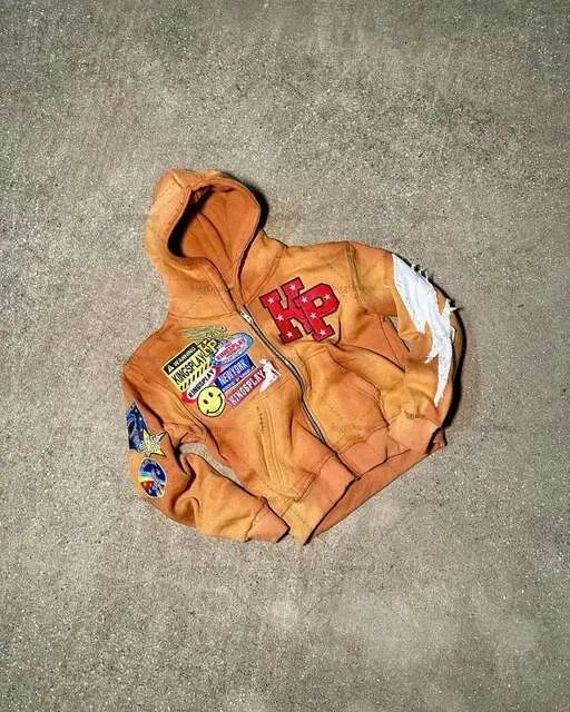 Amerikansk broderad överdimensionerad huvtröja för män Y2k High Street Modemärkeskläder Lös retro dragkedja tröja för kvinnor_voghion.com