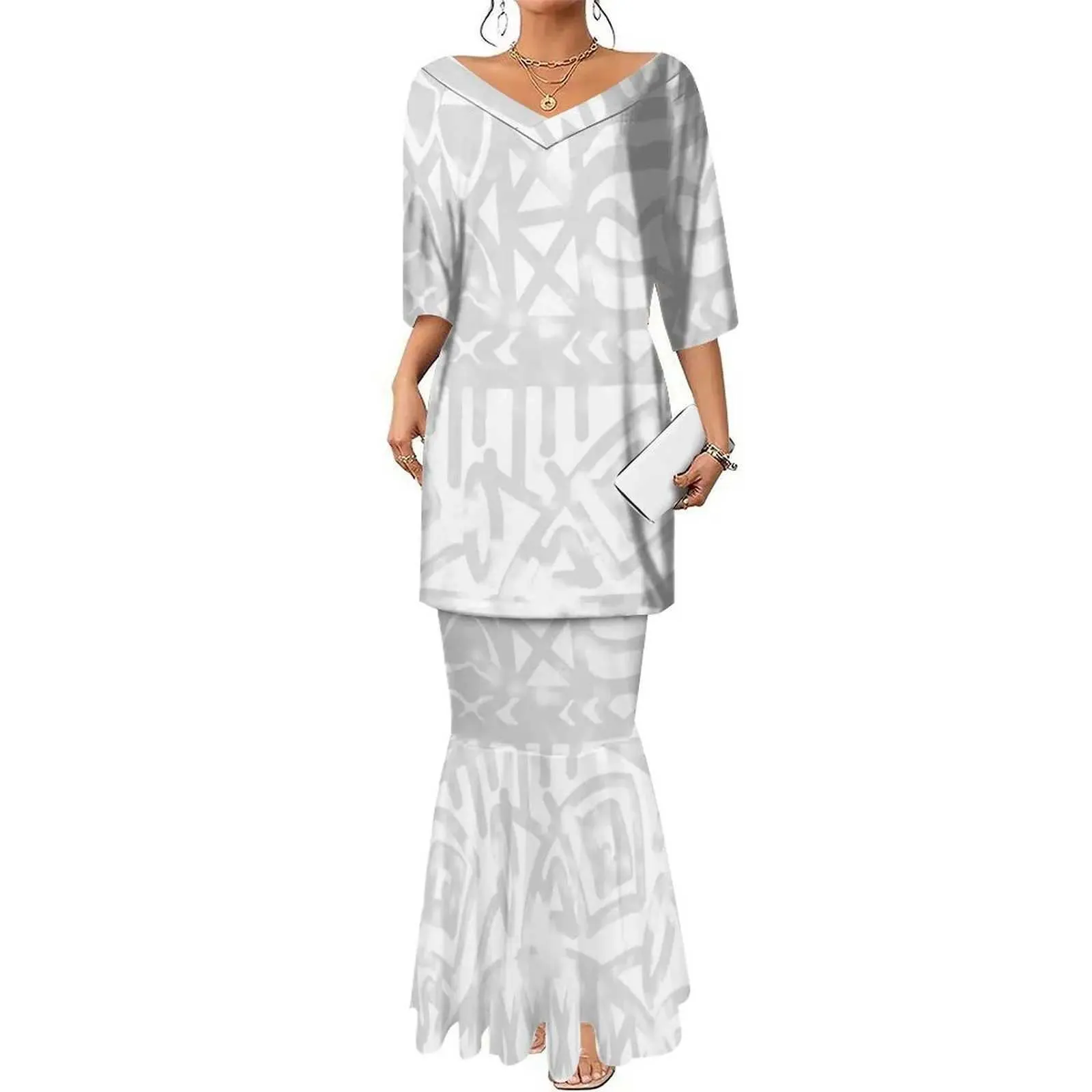 Save Big on Bulk Women's Plus Size Hawaiian Dress Women's Plus Size  Polynesian Puletasi Dress White, Two Piece Set, Perfect For Mother's Day  Best