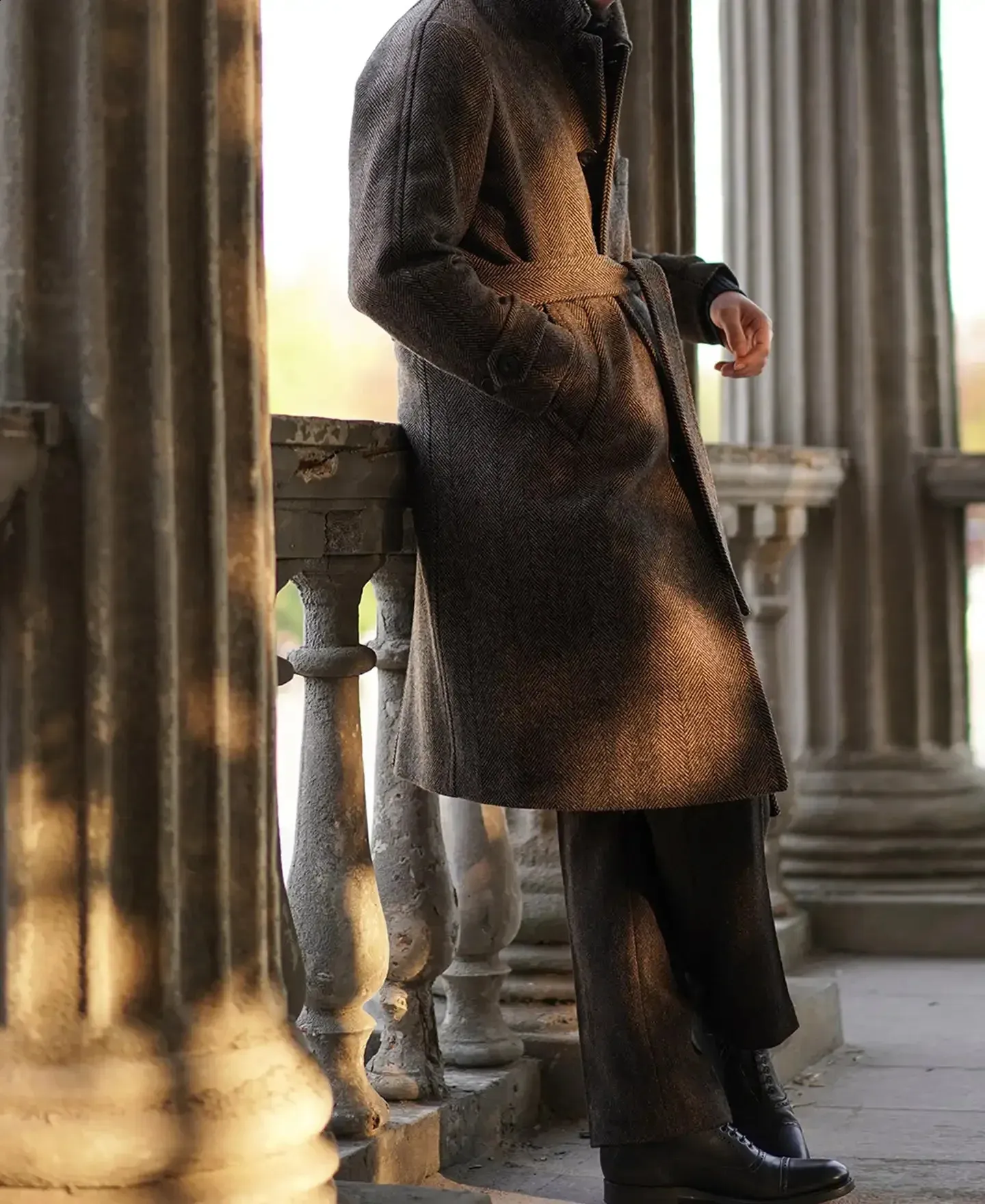 Mens Wool Overcoat Herringbone Tweed Balmacaan Coat: Elegant