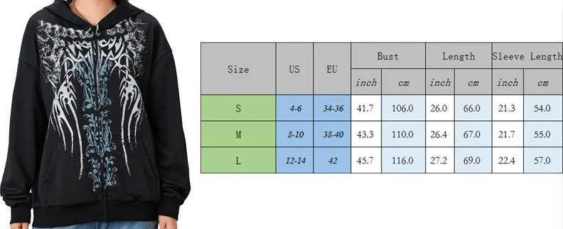 00s Retro Cyber Y2K Sweatshirt Wings Graphic Print Zip Up Hoodie
