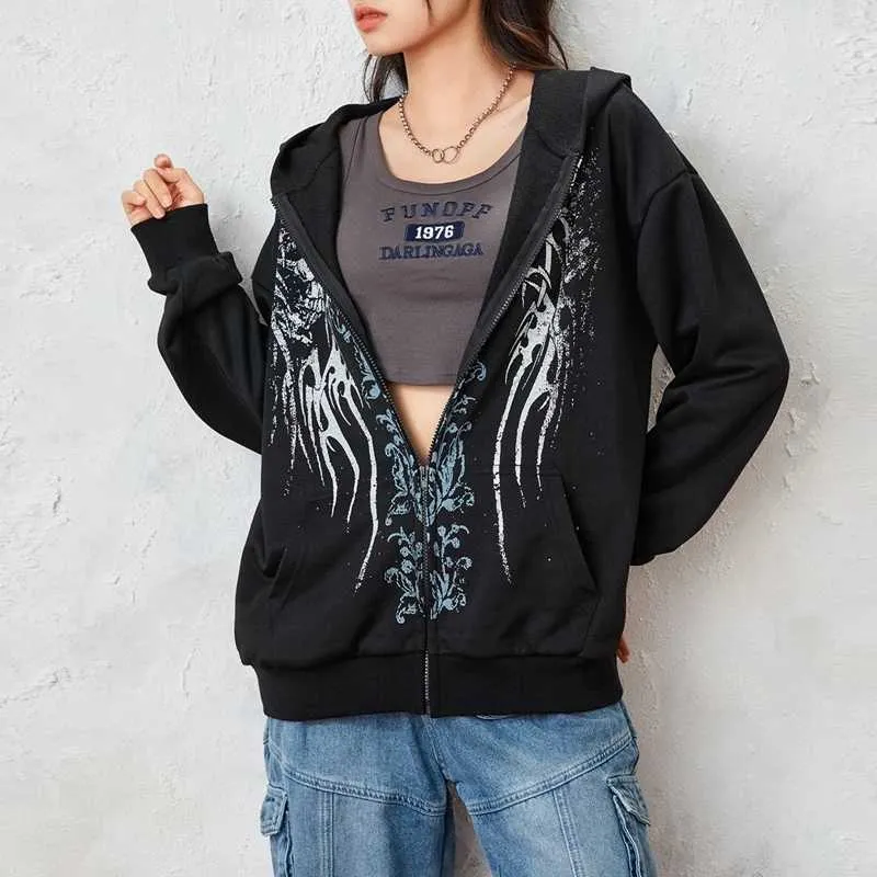 00s Retro Cyber Y2K Sweatshirt Wings Graphic Print Zip Up Hoodie