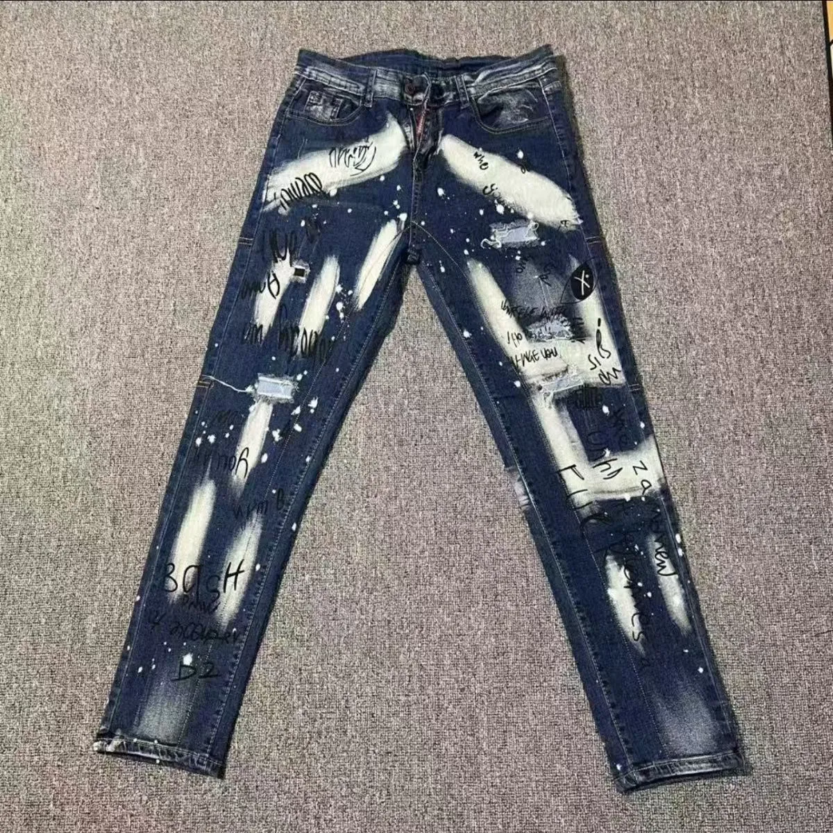 Men's Jeans Zara Customized Jeans Men's Slim Fit Graffiti
