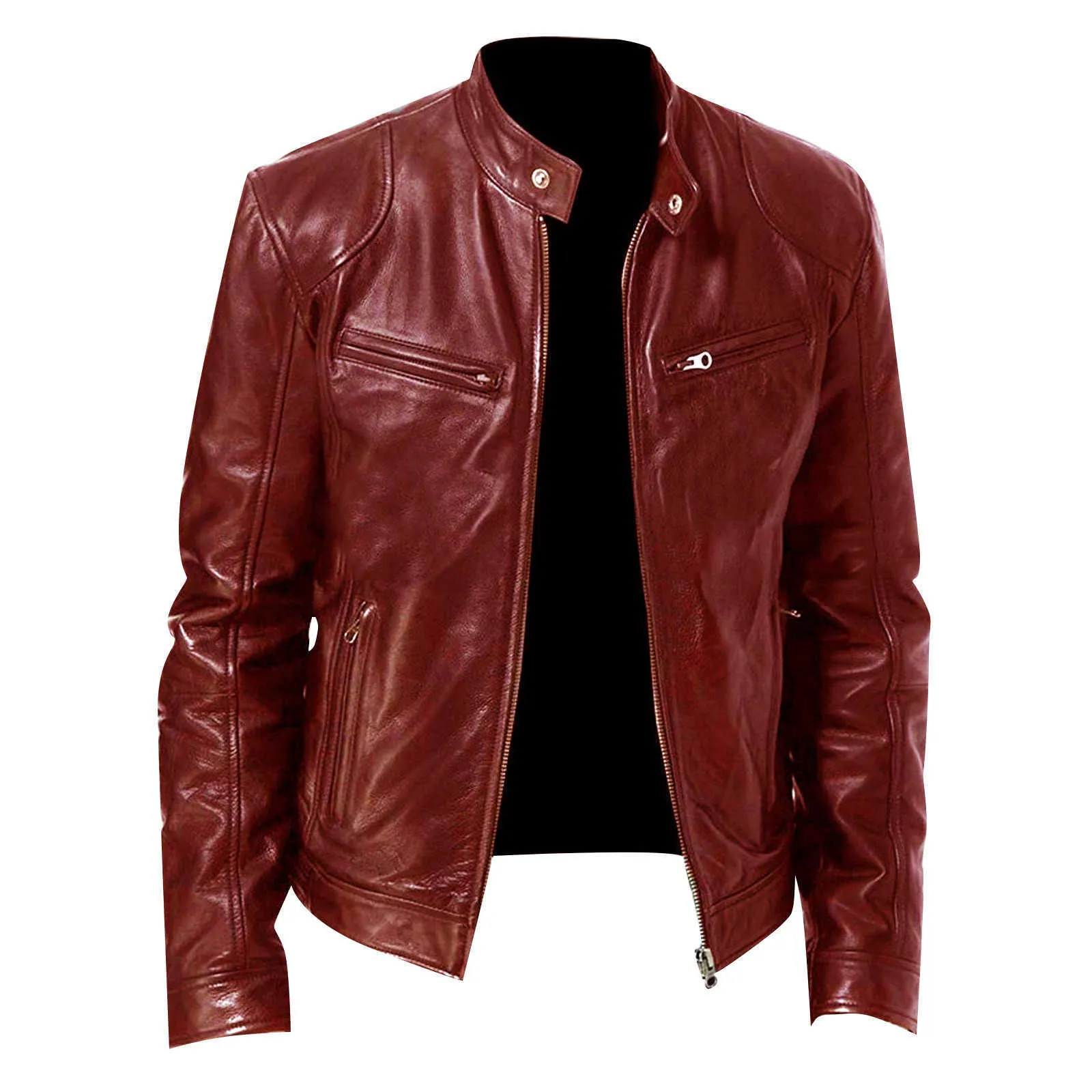 Men's Slim Fit Leather leather jacket with Stand Collar