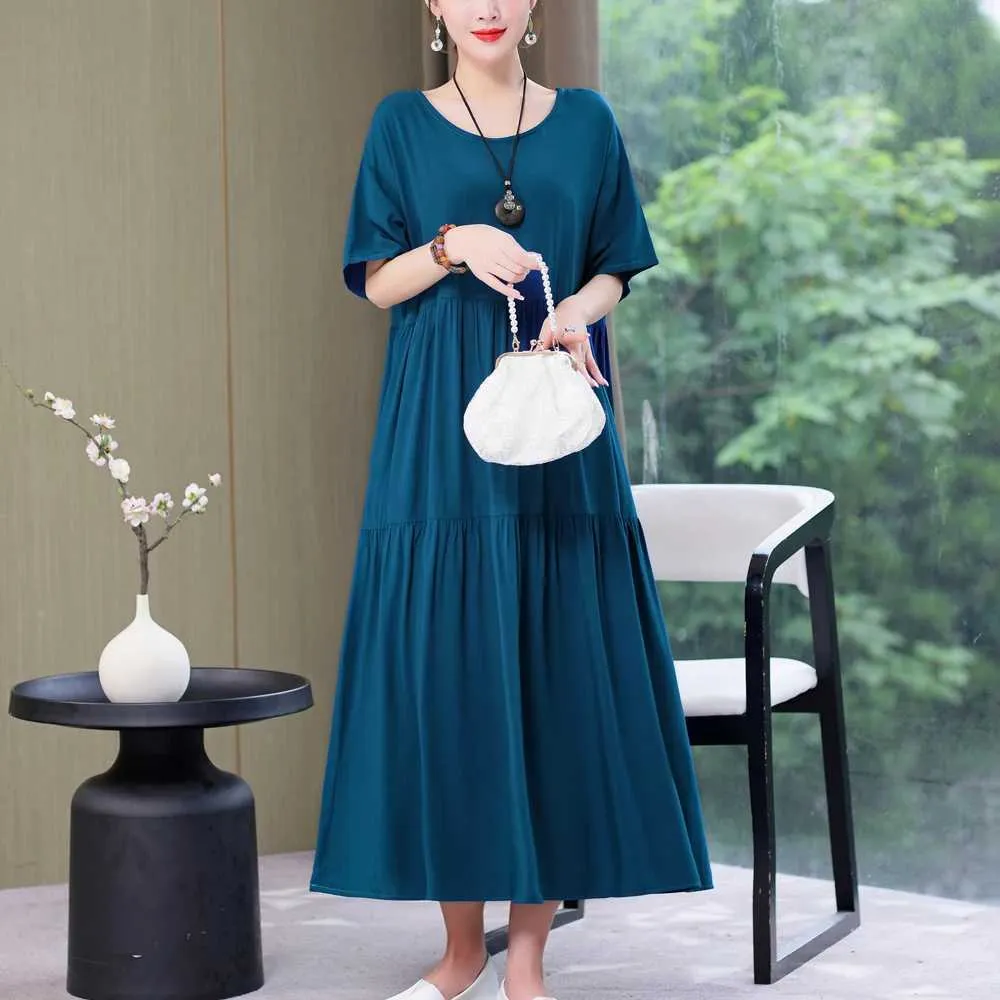 chinese dress ladies Women Summer Loose Fitting Round Collar Short Sleeve Irregular Linen D –  SimpleLinenLife main image 0