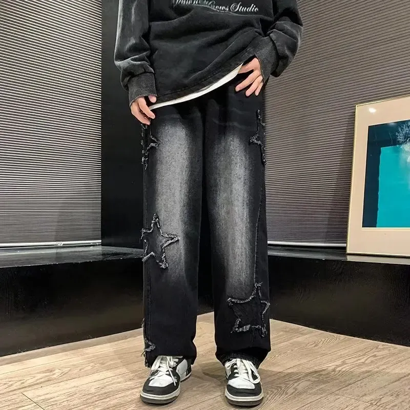Y2K Washed Blue Kpop baggy jeans with Star Embroidery for
