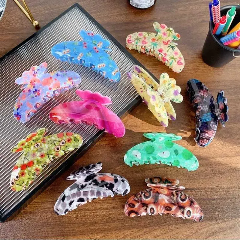 Korean Print Acrylic Hair Claws for Women - Colorful Flower  display picture 2