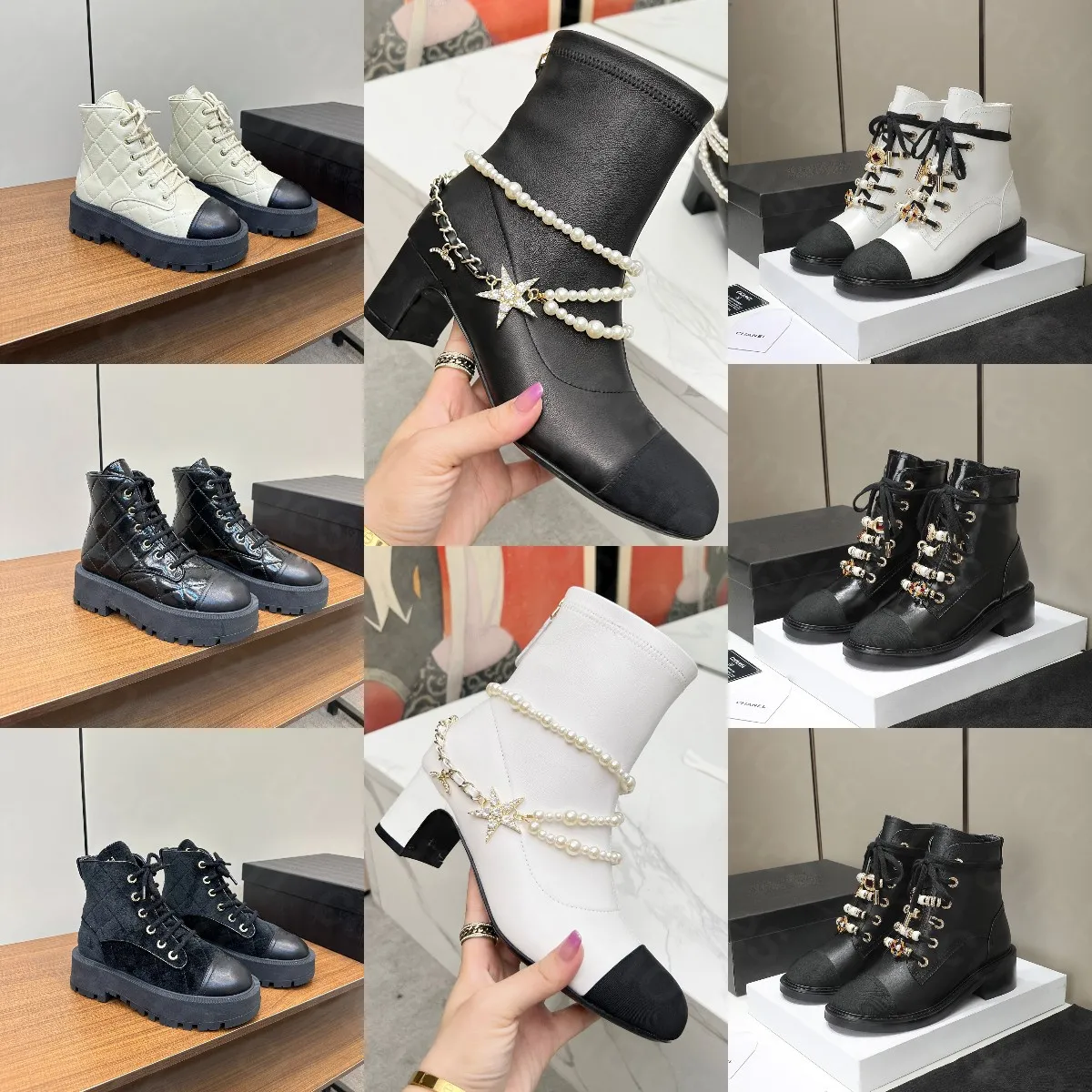 Save Big on Bulk Ankle Boots With Kitten Heel Combat Boots Calfskin  Grosgrain Imitation Pearls Strass Metal Black Women Dress Shoes Rhinestone  Ankle