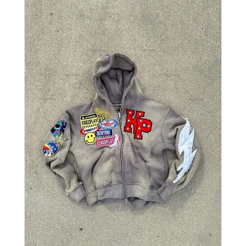 American Embroidered Oversized Hoodie Men Y2k High Street Fashion Brand Clothing Loose Retro Zipper Sweatshirt Women_voghion.com