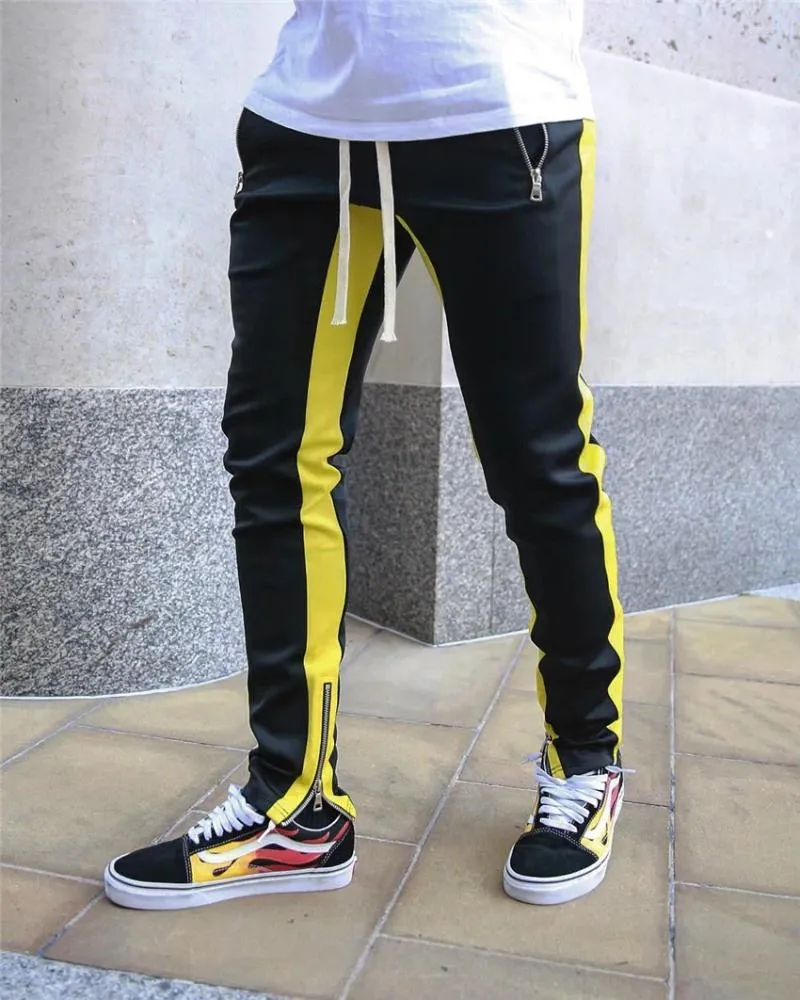 Unique Bargains Men's Slim Fit Striped Pants 36 Yellow Black