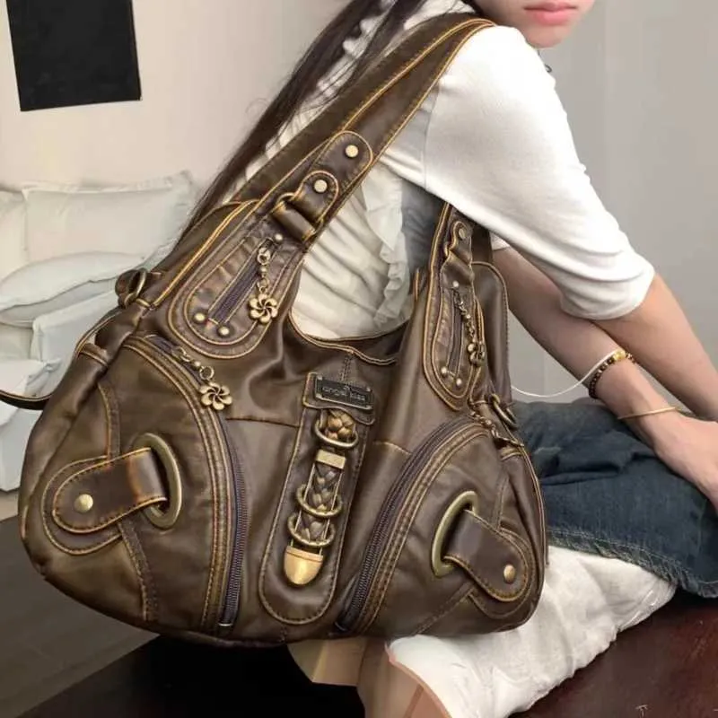 Y2K Retro Leather Handbag Vintage Brown Large Capacity Shoulder Bag for Women 2024 Fashion Tote