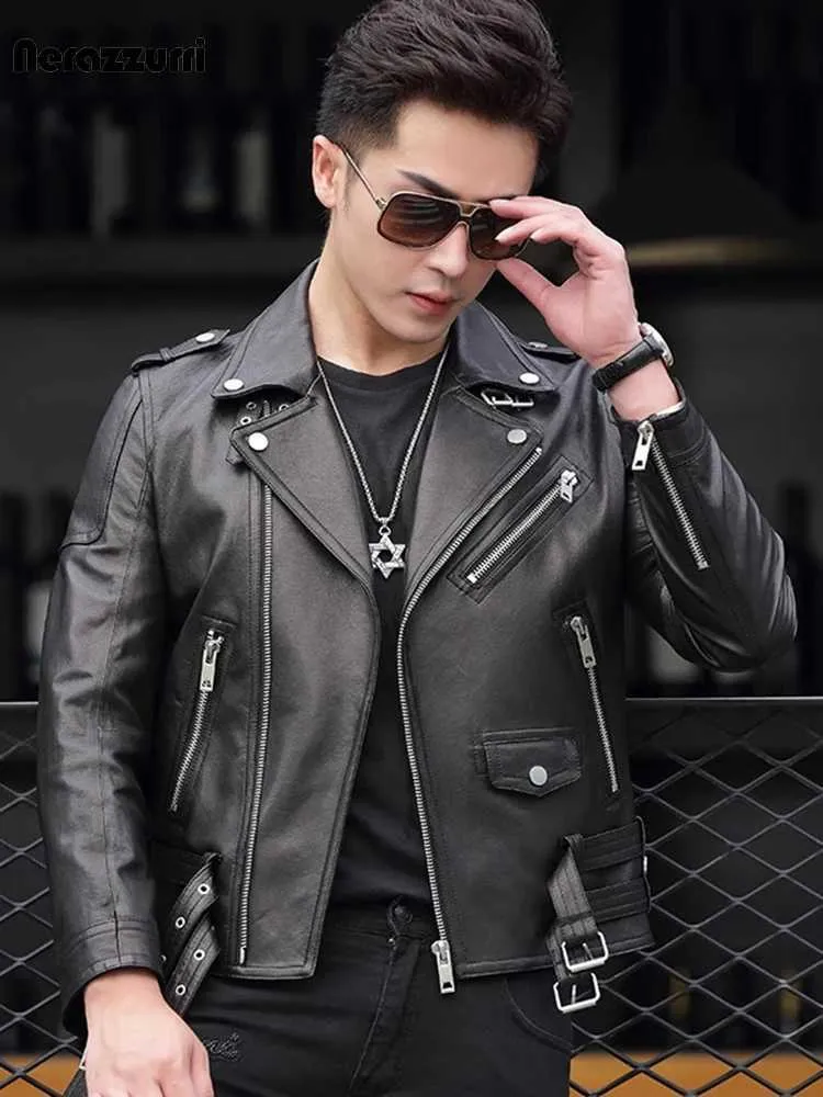 Nerazzurri PU Leather Biker Jacket Men Cool Spring Autumn Short