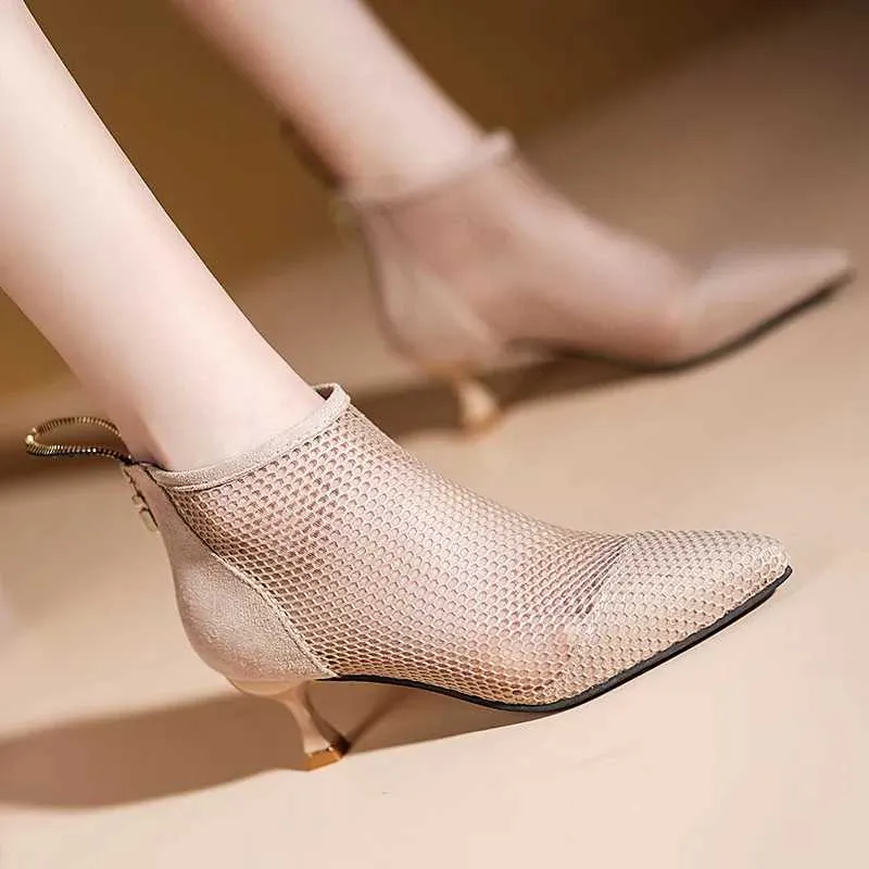 Womens Summer Mesh High Heel Booties Breathable Open Toe