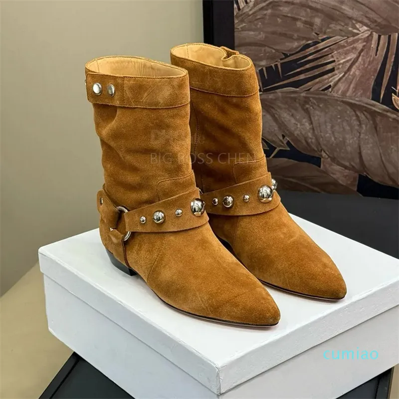 2024 Top Quality Trendy Buckle Suede Boots Western Boots Fashion Chelsea Ankle Pointy Toes Flat Combat Fashion Luxury For Womens Du 82 85 DHgate