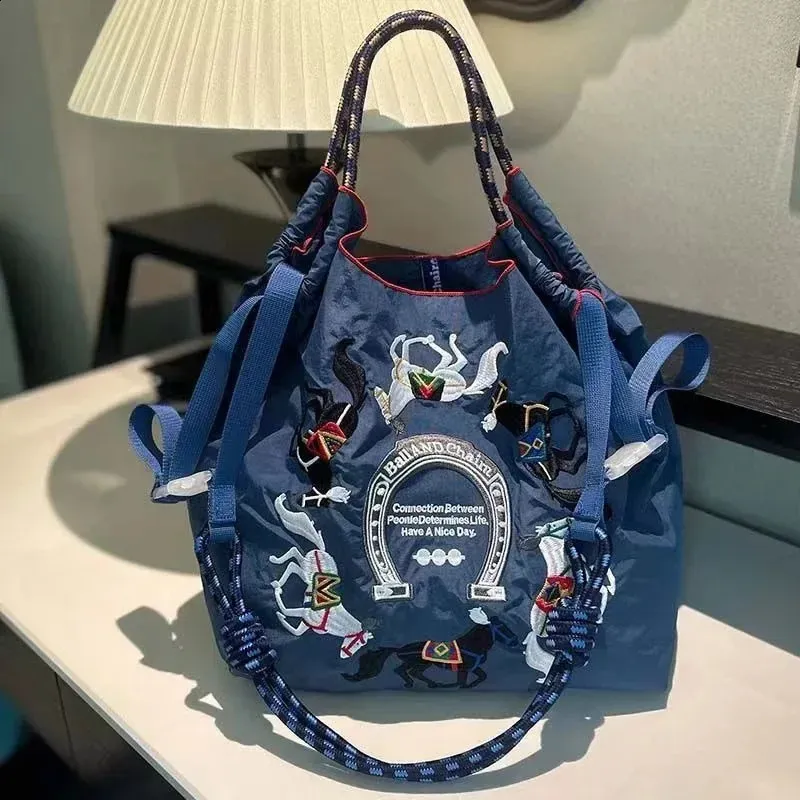 Eco-Friendly Embroidery Ball Chain Shoulder Bag - Large Capacity