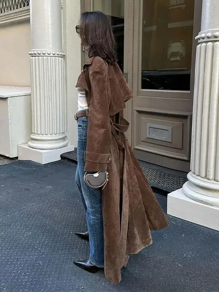 Elegant Double Collar Oversized Long Suede Trench Coat For
