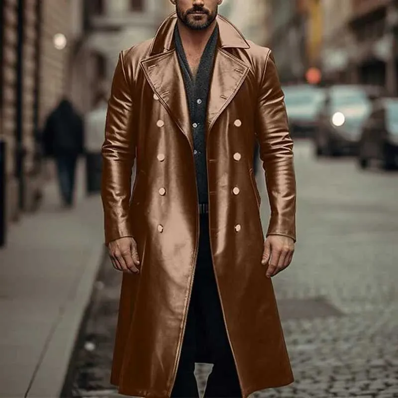 ジャケット・アウター LEATHER COMBINATION DOUBLE LAPEL COAT Mens Double Breasted PU Leather Trench Coat - Windproof