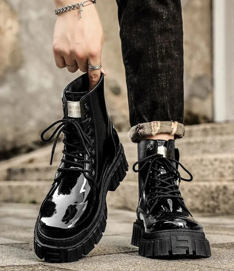 patent leather dress boots Men Mid Top Chelsea Cuban Heels Formal Ankle Boots glossy finish for a polished Men's Patent Leather Pointed Toe