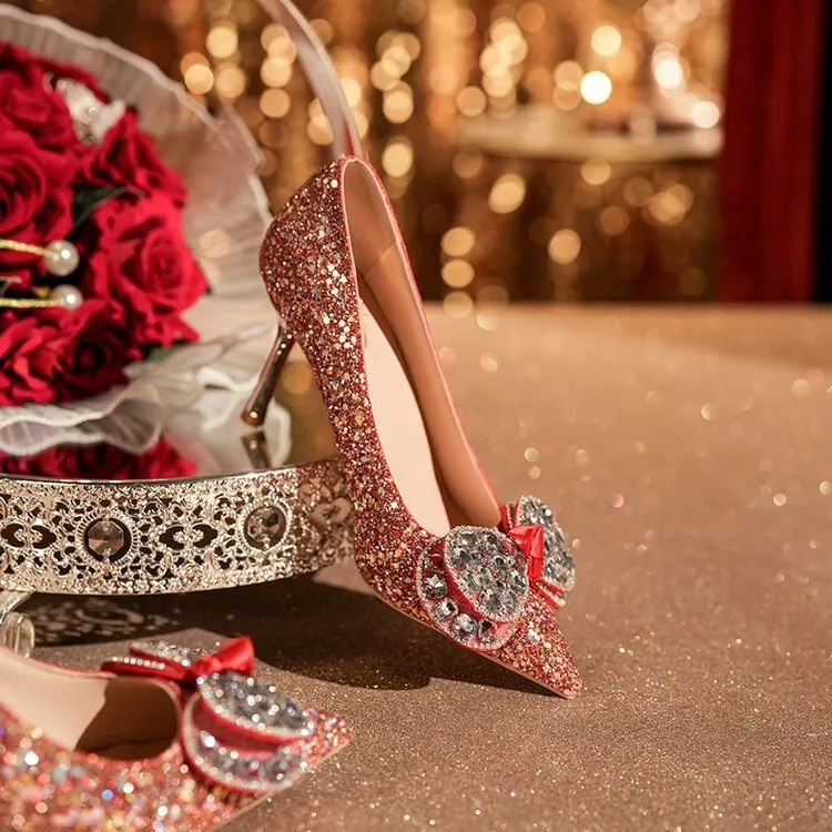 Wholesale Autumn Diamond Wedding Shoes French Pointed Rhinestone Fine Heel Bridal Shoes With Butterfly Bow At Only 44.23 DHgate.Com