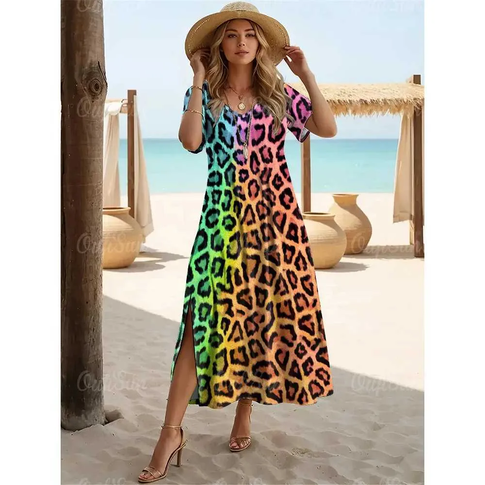 2024 New Womens Colorful Leopard Print Dress Plus Size Holiday
