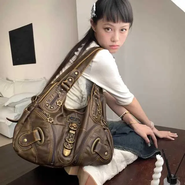 JIAERDI Vintage Brown Y2K Leather Large Messenger Bag Womens