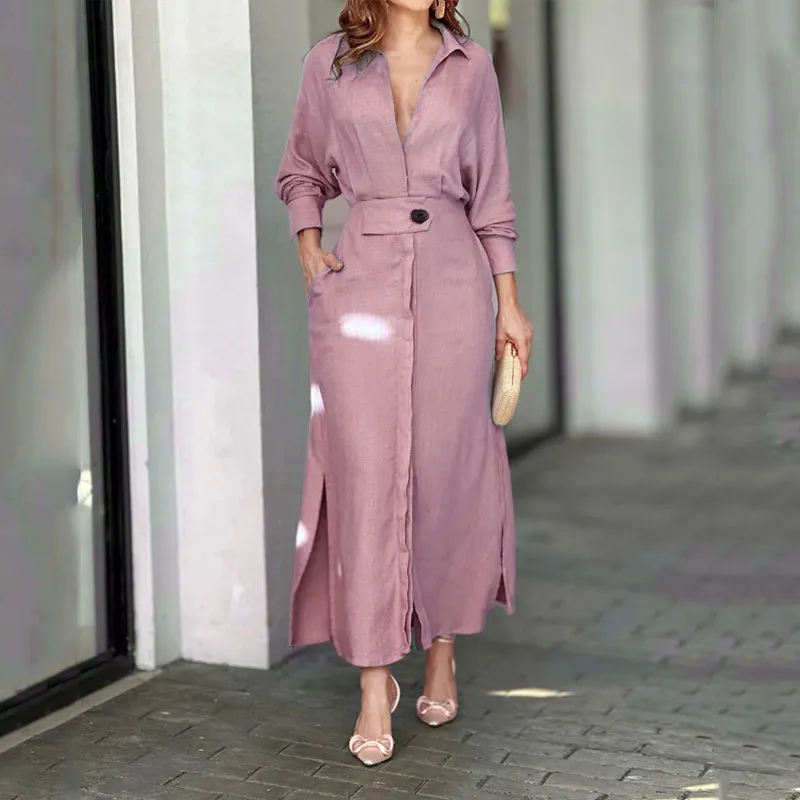 Lange jurken met mouwen Vrouwen Katoen en Linnen Shirt Jurk Casual Losse Effen Kleur Jurken Korte Wrap Jurk, roze, L