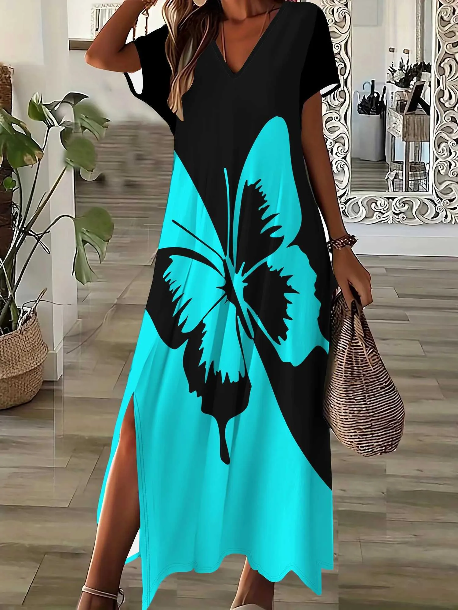 3D Butterfly Print Womens Split V-Neck Floor-Length Chiffon Dress Short  Sleeve Casual Summer Streetwear from Dhgate Basic & Casual Dresses