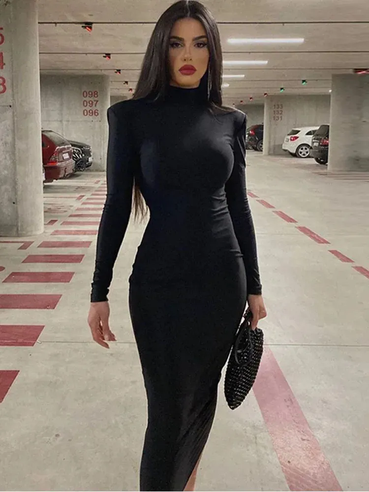 Save Big on Bulk Long Sleeved Black Midi Dress Elegant Long Sleeve Bodycon  Midi Dress Women's Fashion Tight Black Dress, Lightweight For Daily Use 