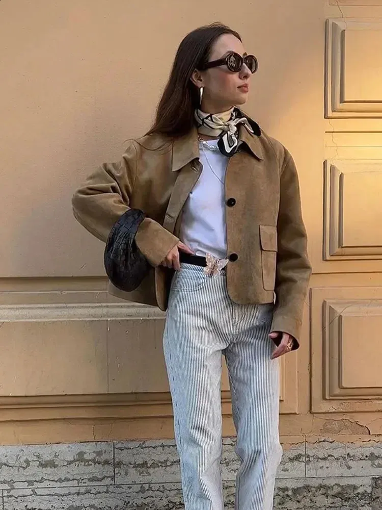 Fashion Lapel Single Breasted Crop Jacket Women Elegant Solid Long