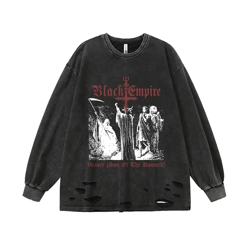 Black Empire Gothic Ripped T Shirts Men Long Sleeve Grunge Y2k T