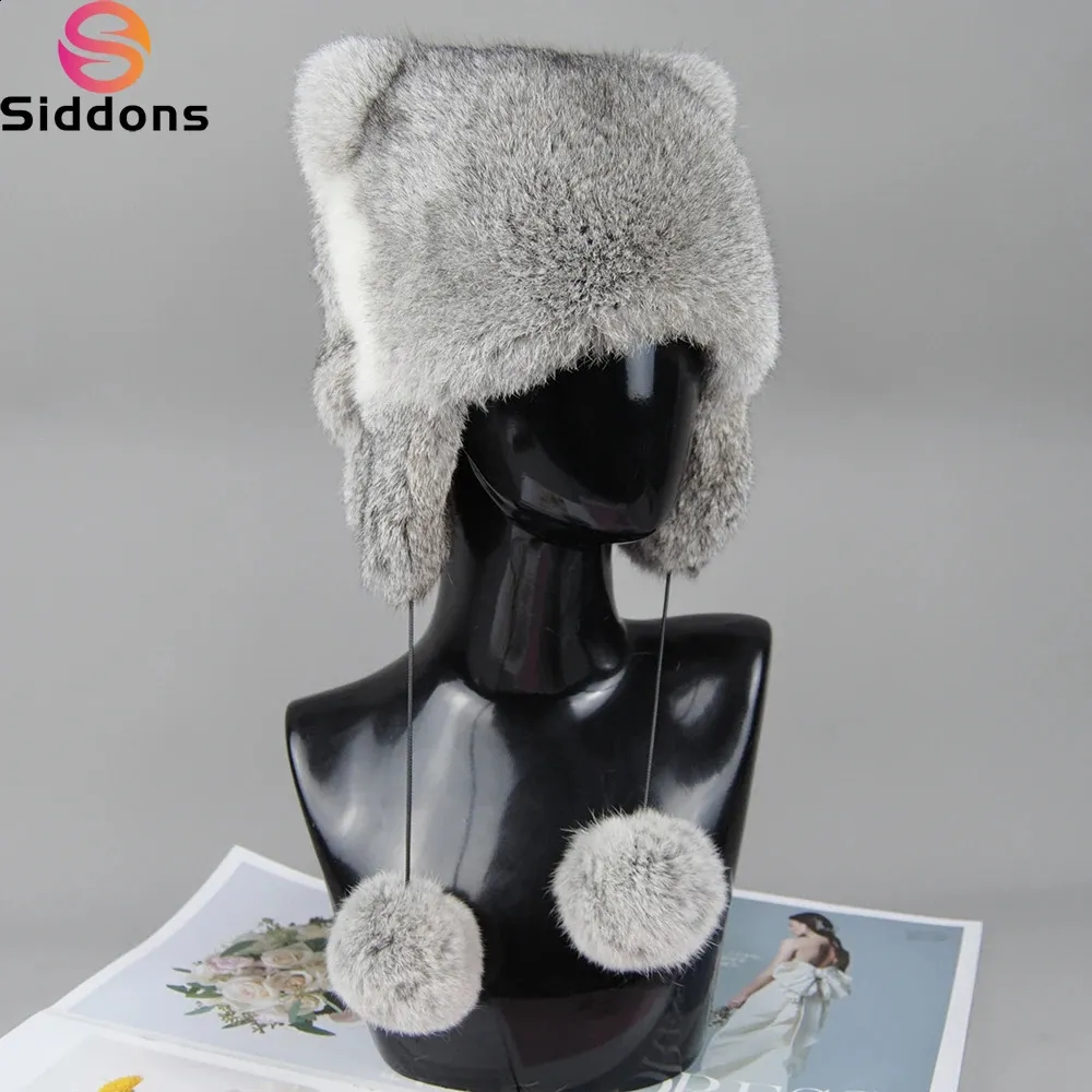 Swamp Rabbit Hat Women's Real Rabbit Fur Bomber Hat with Pom Pom - Warm Winter Fluffy ...